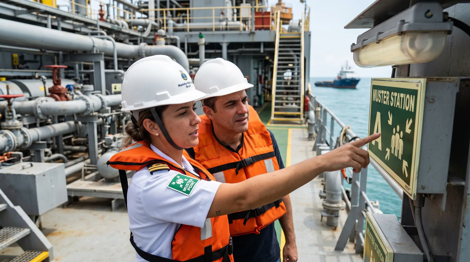 Navios e rebocadores em área portuária no Brasil