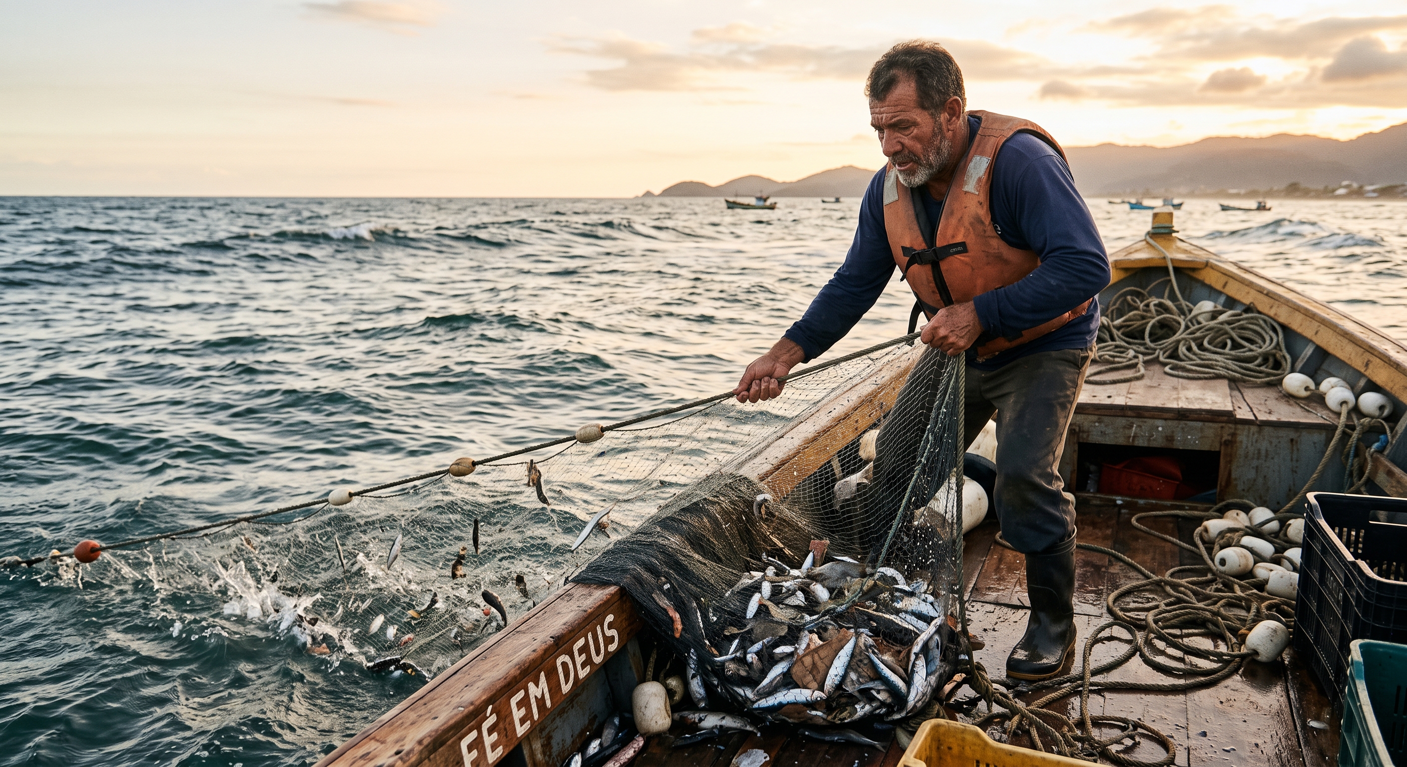 Pescador profissional recolhendo rede em embarcação de pesca artesanal — exemplo real do Grupo Pescadores