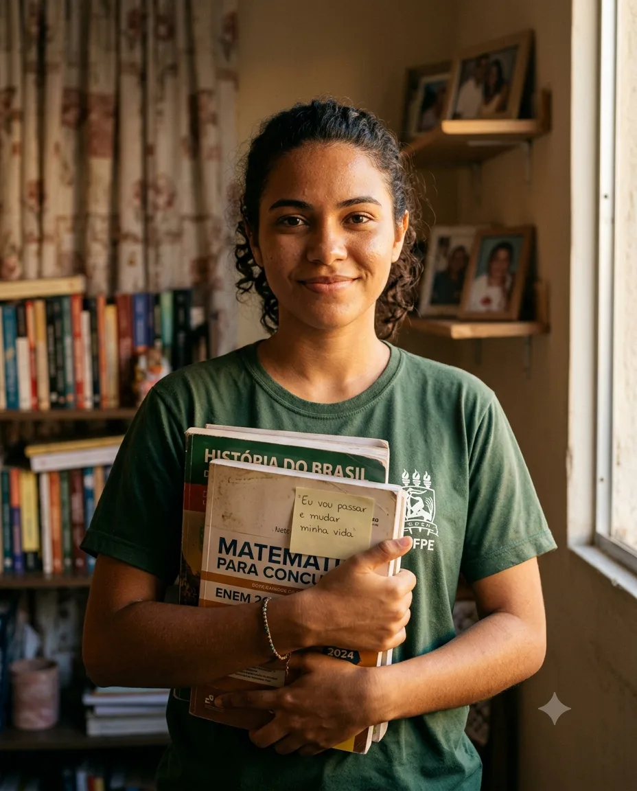 Candidata estudando para CFAQ e CAAQ com livros e caderno