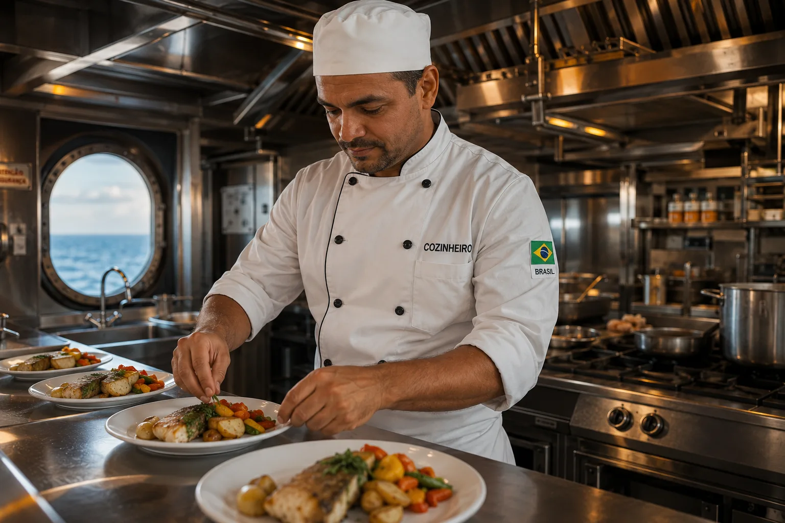Cozinheiro de bordo e enfermeiro naval com porta especializada na Marinha