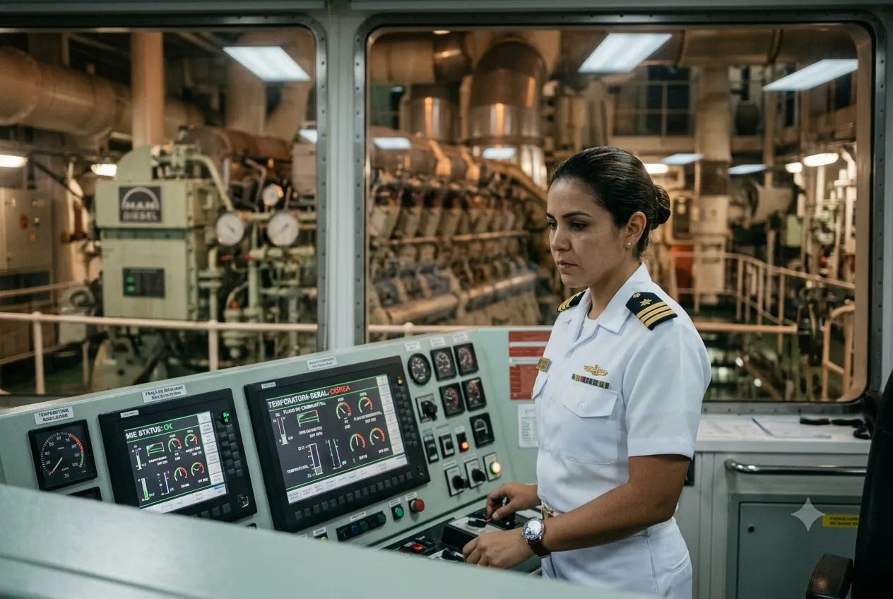 Oficial de máquinas na sala de controle acompanhando painel de comando, representando as vagas de 2OM da TRANSPETRO