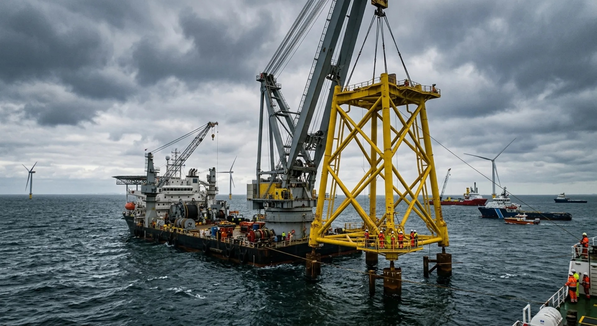 Instalação de fundação Jacket para turbina eólica offshore, guindaste e navios de apoio marítimo em operação