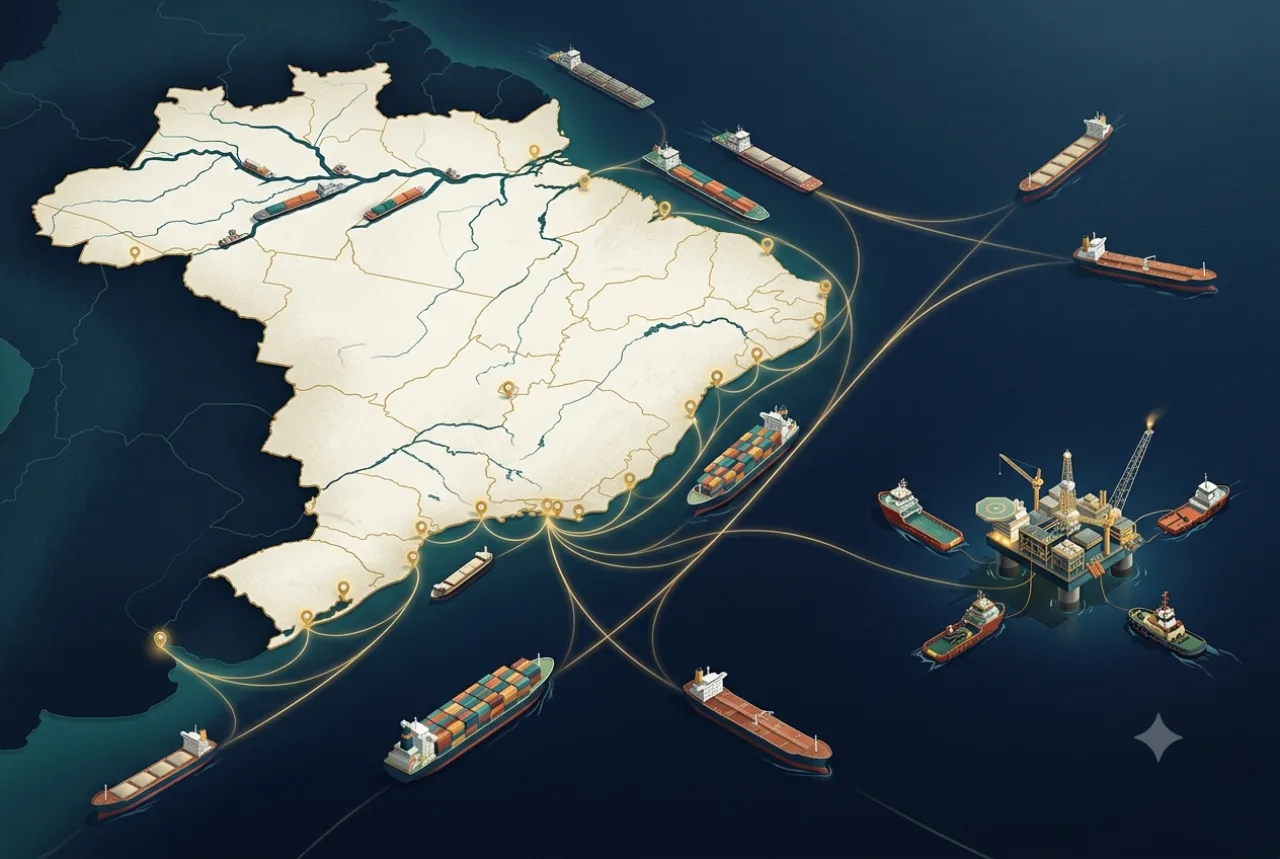 Mapa do Brasil com navios, plataforma offshore e rotas de navegação — o emprego aquaviário de norte a sul
