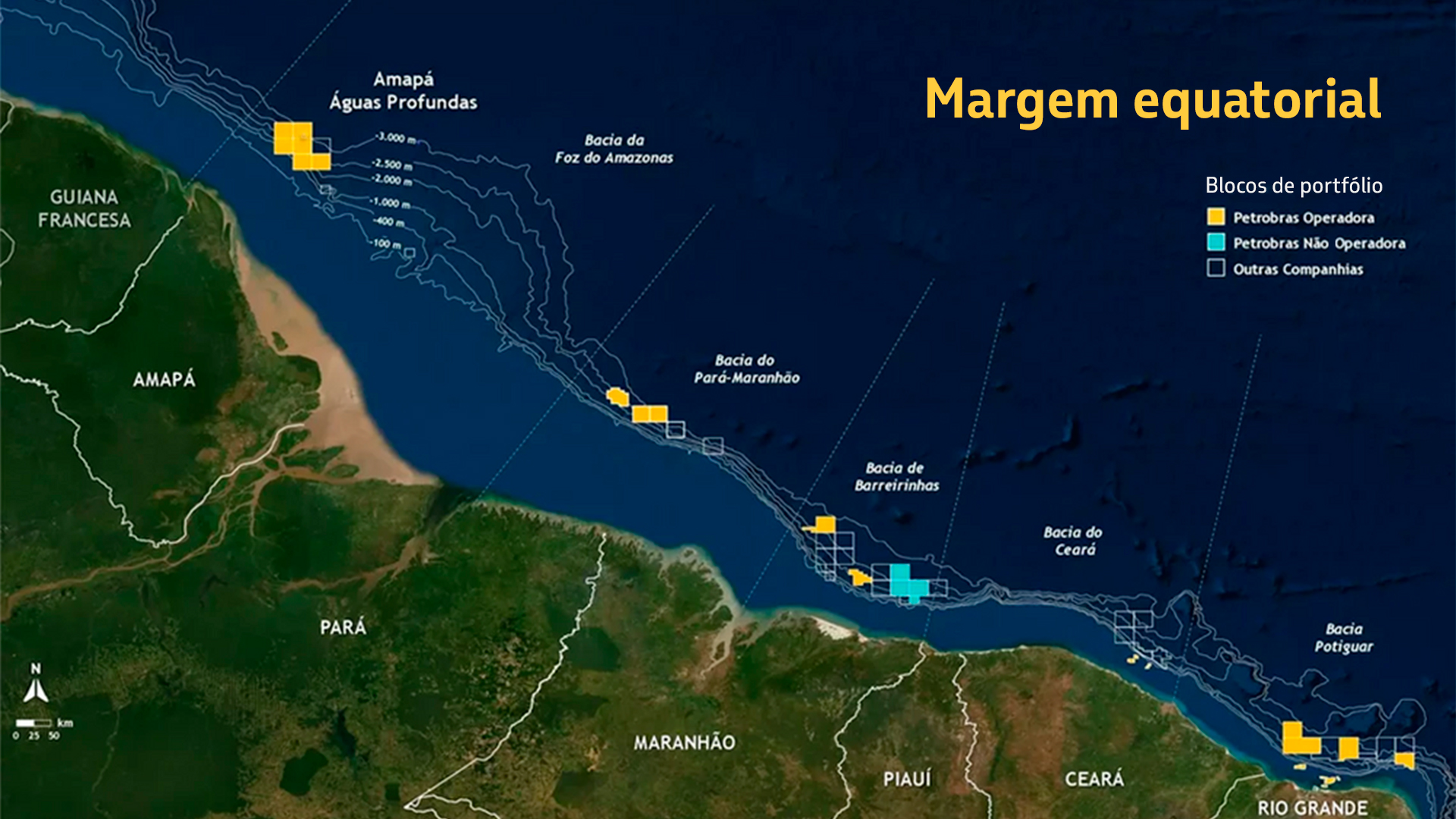 Mapa das cinco bacias sedimentares da Margem Equatorial brasileira