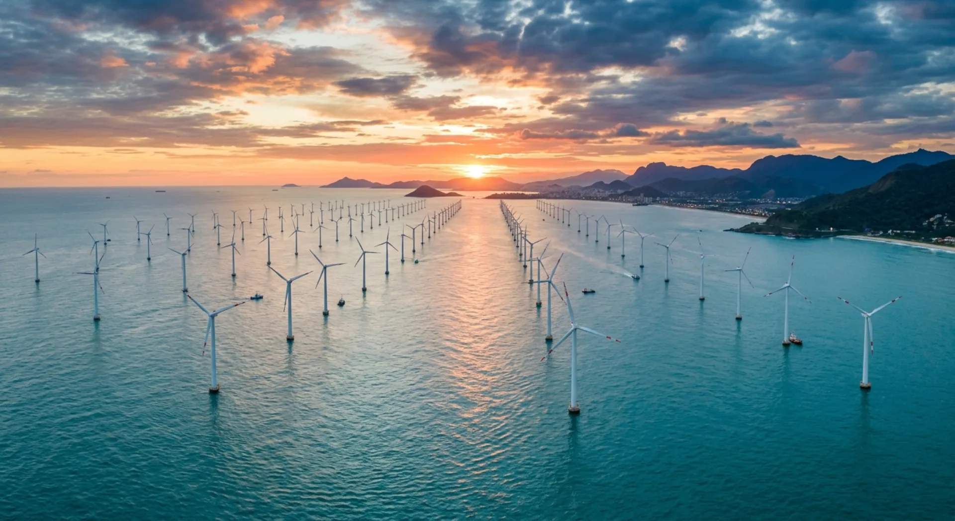 Parque eólico offshore ao entardecer, turbinas alinhadas no mar próximo à costa brasileira