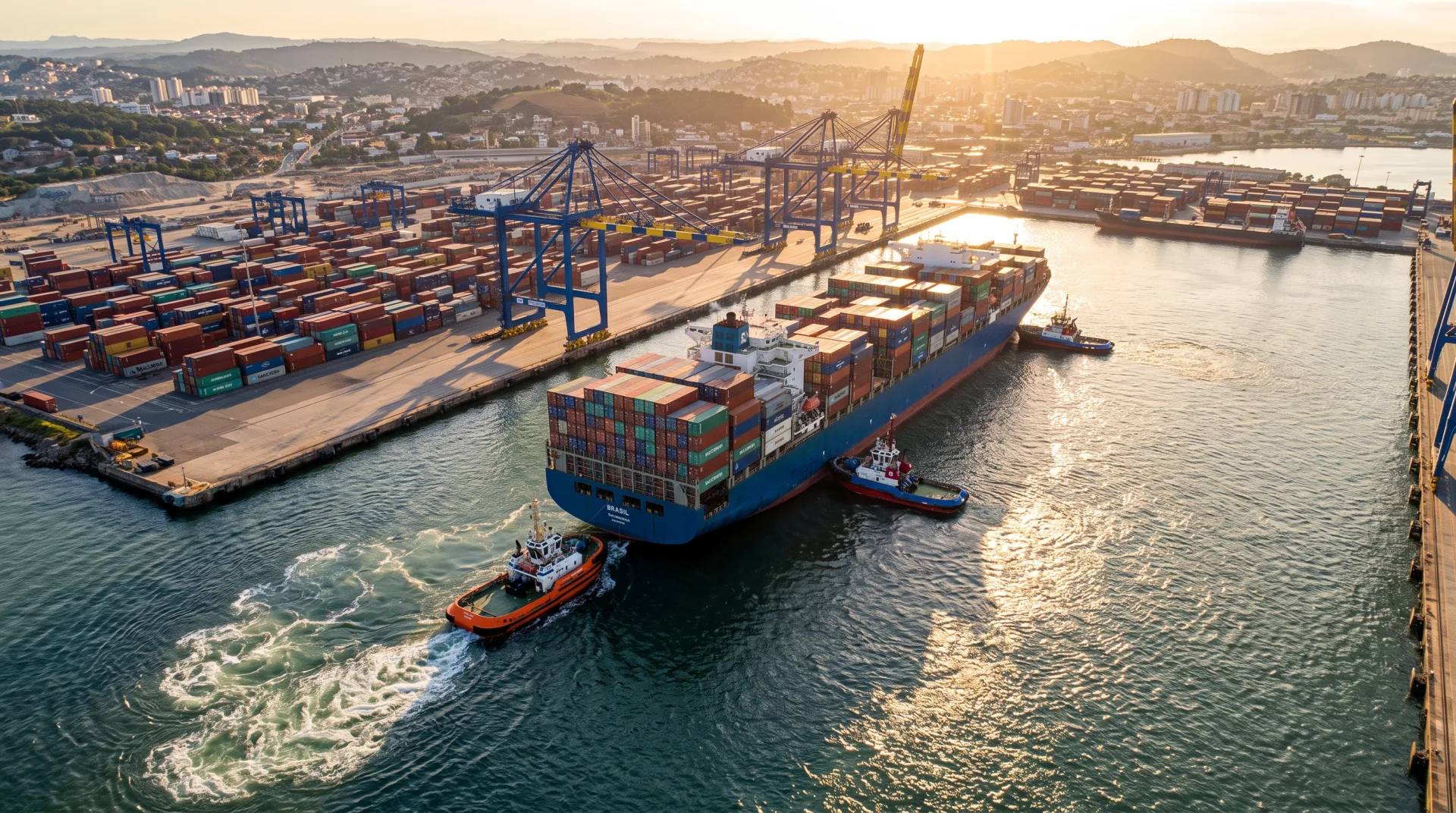 Rebocadores apoiando a manobra de um navio grande no porto
