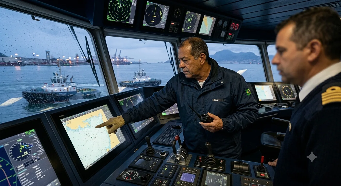 Navio de grande porte em manobra com apoio de praticagem