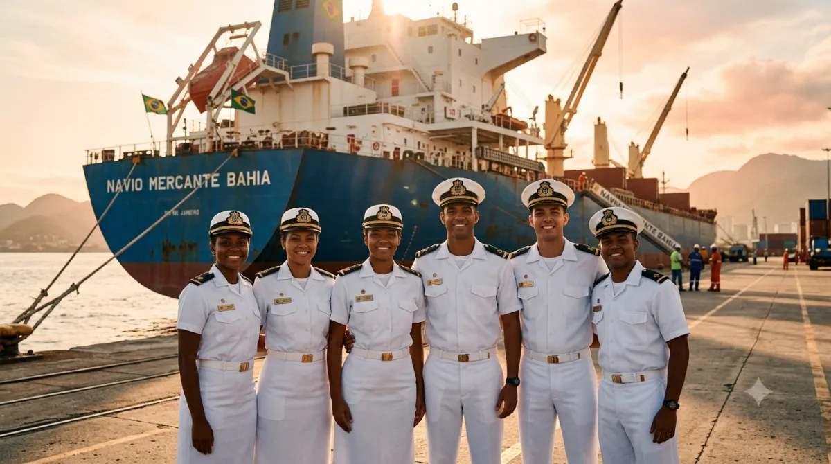 Jovens cadetes brasileiros, homens e mulheres, em uniforme da Marinha Mercante com navio ao fundo — formação de Oficiais