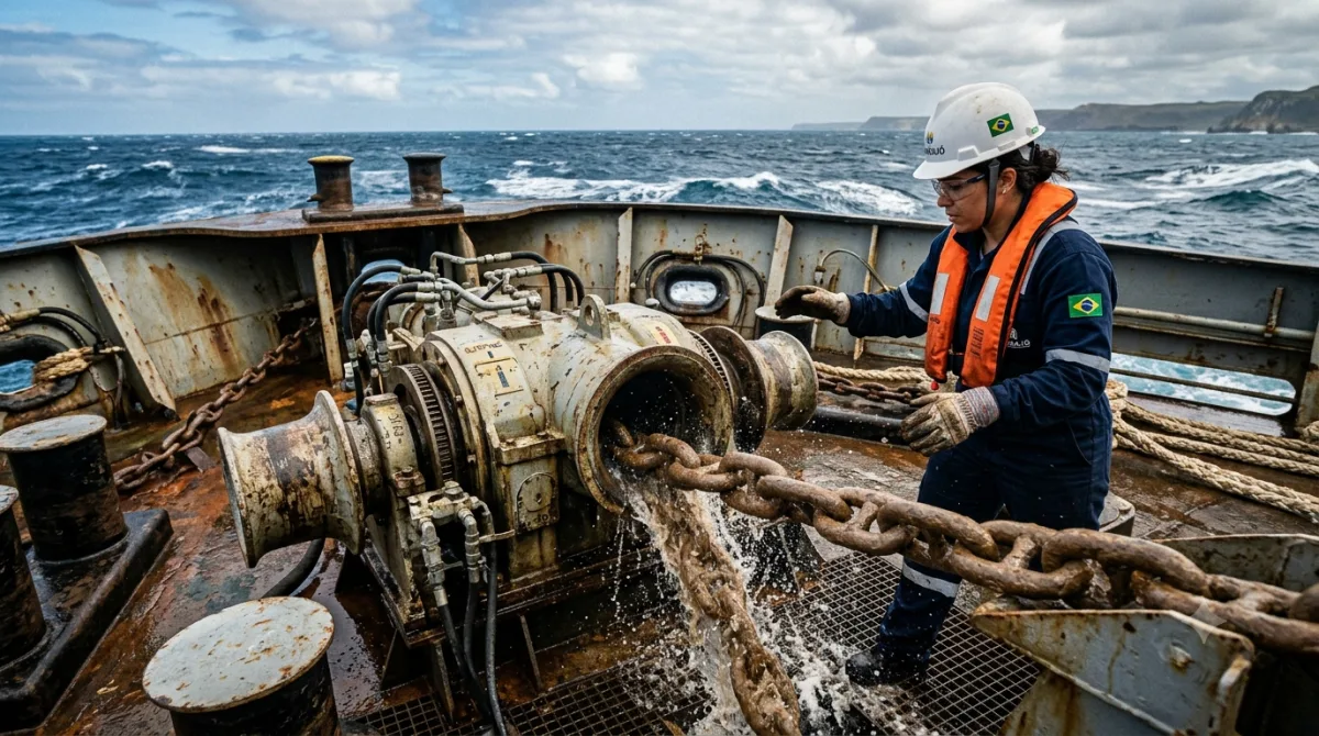 Oficial supervisionando o lançamento da âncora na proa do navio mercante