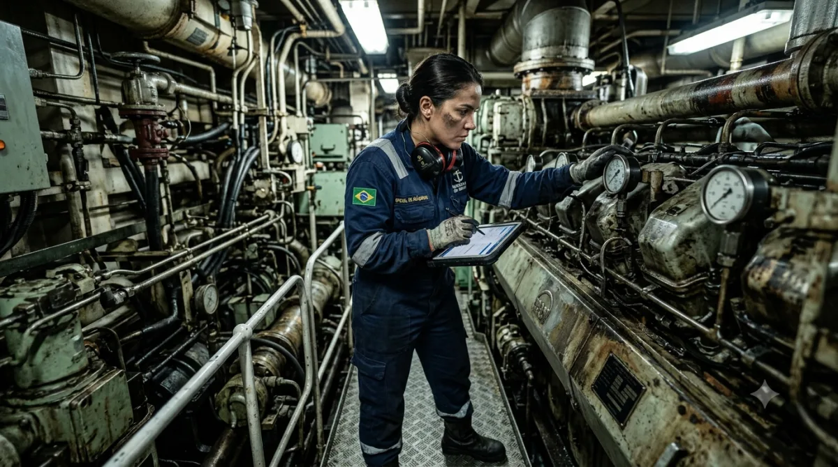Oficial de Máquinas brasileira inspecionando o motor principal na praça de máquinas do navio