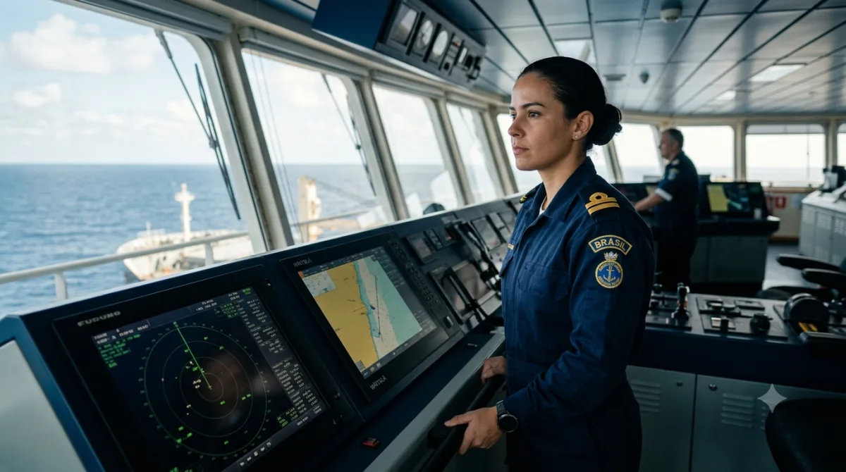Oficial de Náutica brasileira no passadiço de navio mercante junto ao radar e ECDIS, inglês marítimo em operação