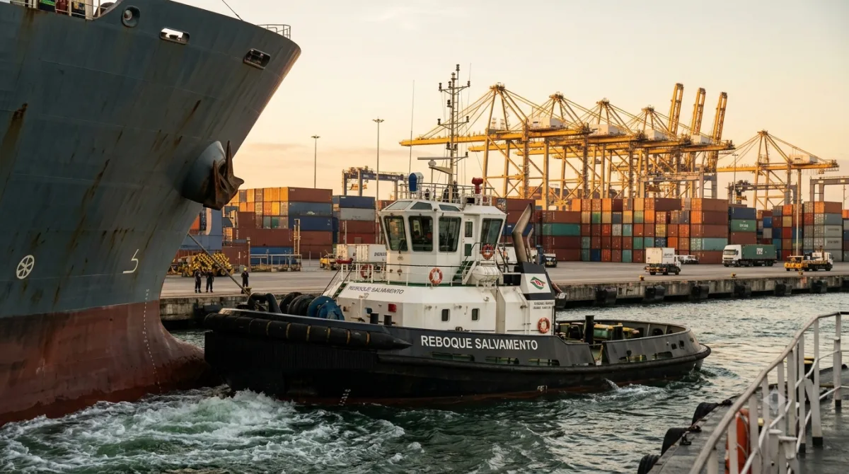 Rebocador empurrando a proa de um navio mercante durante manobra de atracação no porto