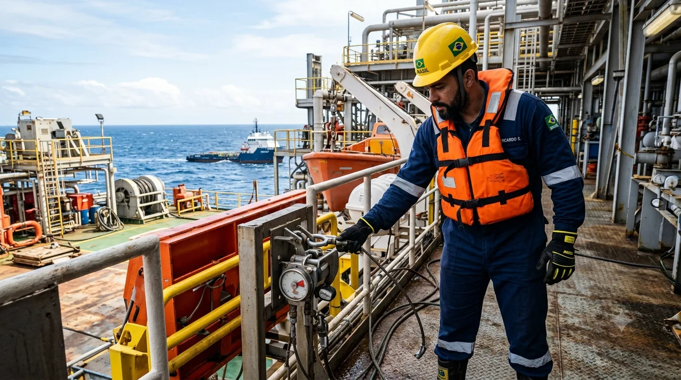 Profissional com equipamento de segurança representando normas NR-30 e NR-37 no trabalho aquaviário